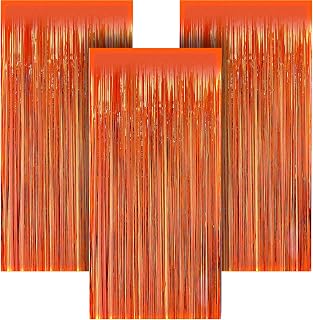 3 Pack 3.28ft x 6.56ft Orange Metallic Tinsel Foil Fringe Curtains, Photo Booth Backdrop Party Decorations for Birthday Wedding Baby Shower Graduation Bachelorette New Years