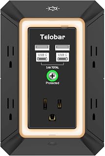 3-Sided Outlet Extender with Night Light - Teiobar Multi Plug Outlet with 5 AC Outlets and 4 USB Ports(2 USB-C), USB Wall Charger for Home, Office, Travel, ETL, Black