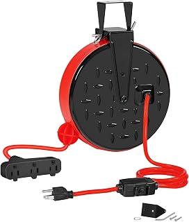 30 Ft Retractable Extension Cord Reel, 16/3 Gauge SJTW Power Cord with 3 Electrical Outlets Pigtail for Garage and Shop, 10 Amp Circuit Breaker, Metal Plate, UL Listed, Red R30CR06