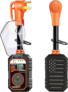 30000J 30Amp RV Surge Protector 30 Amp Flag Design - Upgraded Power Surges Voltage Protection Circuit Analyzer IP68 Waterproof Cover for 30A RVS Camper Trailer Must Haves (30Amp, Orange)