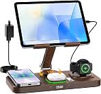 30W Charging Station for Apple Products,Foldable Wireless Charger with Clock Display&7 Color Light,Wired Charging for iPad/Tablet Charging Station for iPhone17, for Apple Watch11for AirPods4(Woodgrain