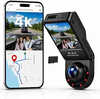 360&deg; Dash Cam Front and Inside 4K+2.5K, 2 Channel Dashcam for Car, 185&deg; Cabin Fisheye Car Camera with Night Vision, WiFi APP, GPS, G-Sensor, Parking Mode and 64GB Card Included