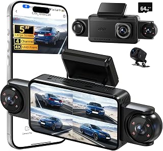 360&deg;View 4 Channel Dash Cam, 5'' IPS Large Screen Dash Camera for Cars, 4K+1080P Front and Rear Inside Left Right, Built-in IR Night Vision, 24H Parking Mode, 64GB SD Card, Wireless APP Transmission