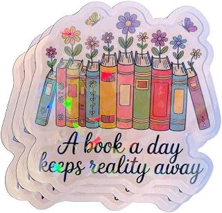 (3Pcs) A Book A Day Keeps Reality Away Holographic Sticker Bookish Reading Book Lover Sticker for Kindle Laptop Tumbler Water Bottle Notebook 3 inches