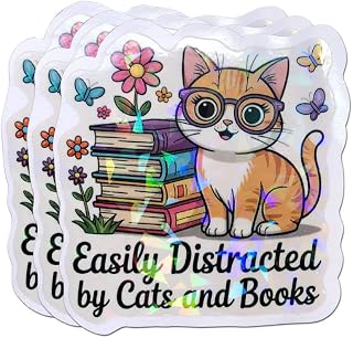 (3Pcs) Easily Distracted by Cats and Books Holographic Bookish Reading Book Lover Sticker for Kindle Laptop Tumbler Water Bottle Notebook 3 inches