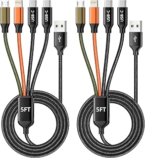 4 in 1 Multi Charging Cable, Charging Cords for Multiple Devices 2Pack 5FT | USB Cable, Universal Phone Charger Cord with Dual Type-C/IP/Micro USB, Support Carplay, Travel Essentials&Camping Essentials