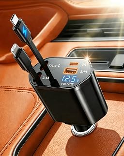 4 in 1 Retractable Car Charger, USB C Fast Charging Adapter, Black | Compatible with iPhone 17-8 and Samsung Galaxy; ideal gift for drives,cars,trucks,SUVs,road trips,rideshare,and family travel
