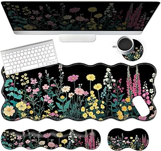4-in-1 XXL Gaming Mouse Pad Set (31.5"x11.8") with Keyboard Wrist Rest,Mouse Wrist Support & Coaster,Non-Slip Desk Mat for Office、Home、Gaming,Garden Flowers