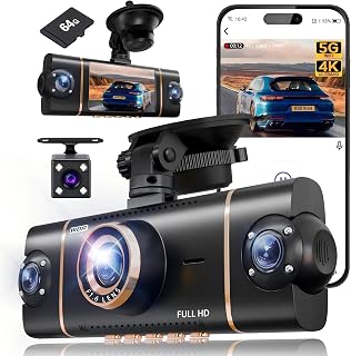 4 Channel 360&deg; Dash Cam Front Rear Inside and Left Right, 4K+1080P*3 FHD Car Camera, 5GHz WiFi and App Control, 24H Parking Mode, 8 IR Lamps Night Vision, Includes 64GB SD Card, Black