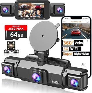 4 Channel Dash Cam Front and Rear Cabin, 360 Dash Camera, Night Vision 8 IR Lamps for Cars, 5G WiFi for Download, G-Sensor, 24H/7 Parking Mode with 64GB Card, Support 256 GB Max