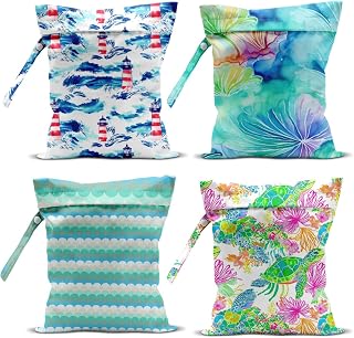 4-Pack Wet Dry Bag Travel Storage Organizers Reusable Pouch Crab Coral Marine Print for Beach Gym Swimming Vacation Laundry Accessories Organization Hanging Handle 10.21&times;12.51 Inches