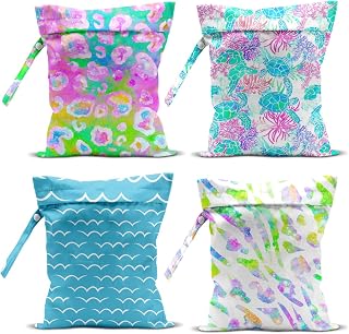 4 Pack Wet Dry Bags Organizer Totes Wave Pattern Design for Travel Swimming Gym Yoga Outdoor Activities Multipurpose Storage Containers Waterproof Zippered Pouches 10.21&times;12.51 Inches
