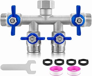 4 Way Garden Hose Splitter, 304 Stainless Steel Hose Splitter with 4 Shut-Off Valves, Heavy Duty Outdoor Faucet Adapter, 3/4" GHT Full Flow Hose Connector for Garden Irrigation