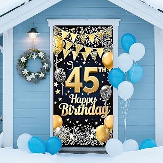 45th Birthday Door Cover 71x35 Inch Gold Glitter Birthday Banner for Party Decorations Balloons Stars Fireworks Backdrop Sign for Men Women Photo Booth Prop Wall Decor