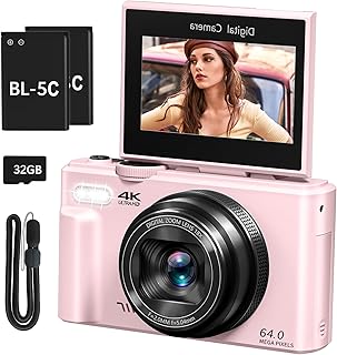 4K Digital Camera with 64MP Photos, Vlogging Camera with 180&deg; Flip Screen, Compact Point and Shoot Camera with WiFi & 32GB Card, Easy-to-Use for Beginners and Travel, Pink
