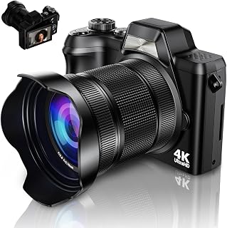 4K Digital Camera for Photography, 56MP Autofocus Vlogging Camera for YouTube Travel, 3" 180&deg;Flip Screen & Lens Hood 16X Zoom, 32GB SD Card for Teens & Beginners