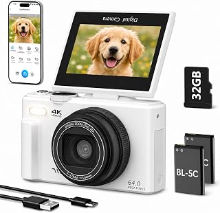 4K Digital Camera for Photography, 64MP Vlogging Camera for YouTube (White)