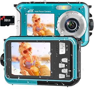 4K Underwater Camera 16FT Waterproof 64MP Dual-Screen with 32GB Card | Autofocus, Floatable, Compact, 1250mAh Battery, Type-C, Ideal for Selfies, Snorkeling, Swimming, Travel, and Family Vacations