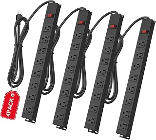 4Pack Metal 8 Outlet Mountable Power Strip, Wall Mount Outlet Heavy Duty, Wide Spaced Commercial Shop Power Strip with Switch, 4 FT Power Cord.