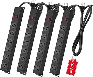 4Pack Metal Wall Mount Power Strip, Mountable Power Outlet with 6 AC Outlets, Aluminum Alloy Mount Power Socket with Switch, 15 FT SJT 3/C 14AWG Power Cord, 15A 125V 1875W (6AC)