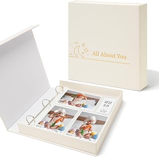 4x6 Photo Storage Box with 3-Ring Slip-In Album, Linen Binder Organizer with Gold Foil Cover, Holds 310 Photos with Blank Memo Cards for Memories & Keepsakes, Beige