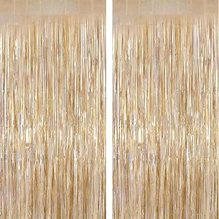 5 Pack Glitter Champagne Foil Fringe Curtains, Shimmering Door Streamers Backdrops for Birthday, Wedding, Bridal Shower, Graduation, Photo Booth Decorations, Sparkling Celebration Accessories