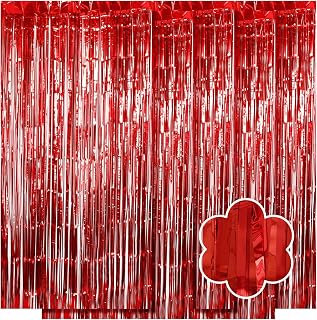 5 Pack Red Foil Curtain Backdrop 3.2ft x 9.8ft Metallic Tinsel Foil Fringe Curtains Streamer Photo Booth Backdrop for Birthday Party Engagement Bachelorette Party Decorations (Red)