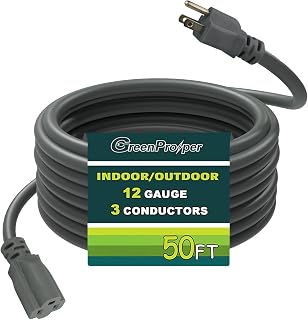 50 FT 12 Gauge Extension Cord Outdoor, Heavy Duty Weatherproof & Flame Retardant Grey 3 Prong Power Cord, Outside for Garden & Lawn, 15 Amps 1875 Watts 125 VAC 12AWG SJTW, UL Listed