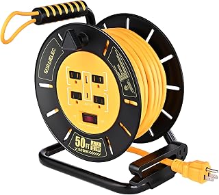 50FT Retractable Extension Cord Reel with USB Ports, ETL Listed | 12AWG Heavy Duty Power Cord, 15A, Handle Rewind, 4 Grounded Outlets, USB-A & USB-C Ports, for Garage, Jobsite, Camping