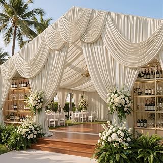 50ftx40ft Beige Ceiling Curtain for Wedding Parties | 10 Panels Wrinkle-Free 40 FT Long Tent Draping Curtains for Wedding, Birthday & Theme Parties, 40ft Height with Rod Pocket