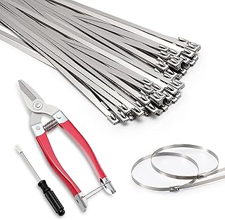 52PCS 304 Metal Zip Tie Kit, 50PCS 11.8 Inch Stainless Steel Cable Ties with Unlocking Tool & Industrial Scissors, Self-Locking, Corrosion Resistant, for Fence, Exhaust Pipe, Farm Use
