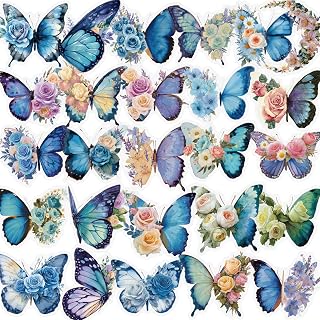 56PCS Butterfly Stickers Aesthetic PET Transparent Stickers Blue Flower Butterfly Decals Waterproof Decorative Decals for Scrapbook Journal Planner Water Bottles Phone Cases Laptops