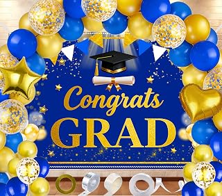 57 PCS Graduation Backdrop Kit 6x4ft Congrats Grad Banner with Balloon Arch, 52 Balloons, Ribbon & Dot Tape, Photo Booth Backdrop for High School College Class of 2026 Blue Gold