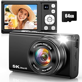 5K Digital Camera, 96MP Cameras for Photography with 6X Optical Zoom | Autofocus Vlogging Camera for YouTube, 64GB Card, Selfie Lens, Flash, Anti-Shake, Compact Small Travel Cameras for Beginner