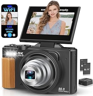 5K Digital Camera for Photography with 12X Optical Zoom, WiFi Vlog Camera | 80MP Autofocus Vlogging Camera for YouTube with 3" Flip Screen, Compact Travel Cameras, 2 Batteries & Charger, Black