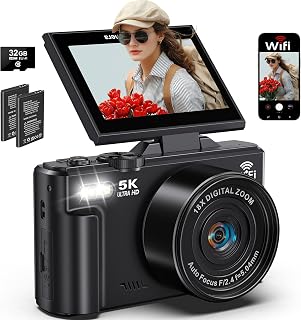5K Digital Camera for Photography, 75MP WiFi Vlogging Camera for YouTube | 3" 180&deg; Flip Screen, 18X Zoom Cameras for Teens & Beginners, UHD Autofocus Video Camara with 32GB Micro SD Card, 2 Batteries