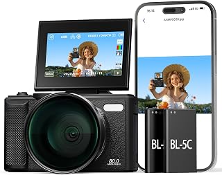 5K Wi-Fi Digital Camera for Photography, 80MP Autofoucs Vlogging Camera for YouTube with 3" 180&deg; Flip Screen, 18X Digital Zoom Travel Camera for Beginner, Teens with 64GB Memory Card ＆ 2 Batteries