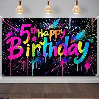 5th Happy Birthday Banner 71x43 Inch Rainbow Neon Splatter Entryway | Polyester 5th Happy Birthday Rainbow Neon Splatter design for birthday party wall display and photo booth celebration decor