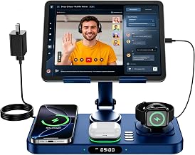 6 in 1 Wireless Charger for Apple Multiple Devices, Charging Station with Clock &7 Color Ambient Light, Foldable Rotate Stand for iPad, for iPhone17/16/15, Support for Apple Watch11/10 For AirPods4