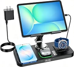 6 in 1 Wireless Charger for Samsung Multiple Devices, Charging Station with Clock, Foldable Rotate Stand for iPad, S26/S25 Ultra/Z Fold 7 & Buds, Only for Galaxy Watch(Black)