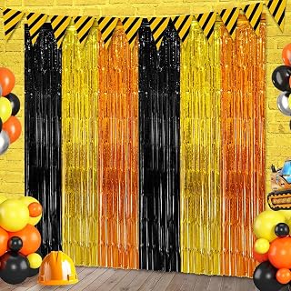 6 Pack Construction Foil Fringe Curtains Backdrop Birthday Party Decorations Supplies, 3.28 x 6.56 Ft Yellow Orange Black Tinsel Streamer Photo Booth Props for Truck Party Decor Favors