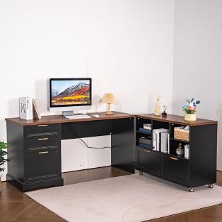 60" Farmhouse Executive Desk and 40" Mobile File Cabinet Combination,L Shaped Executive Desk with Charging Station,Home Office Desk for Office Work,Home Study
