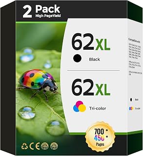 62XL High-Yield Ink Cartridges Black and Color Compatible for HP 62 62XL Ink Cartridge Combo Pack for Envy 5540, 5640, 5660, 7640, Office Jet 5740, 8040, 200, 250 (1 Black, 1 Tri-Color, 2-Pack)