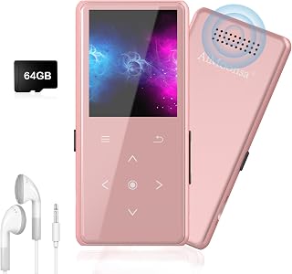 64GB MP3 Player with Bluetooth 5.2, AiMoonsa Music Player with Built-in HD Speaker, FM Radio, Voice Recorder, HiFi Sound, E-Book Function, Rose Gold