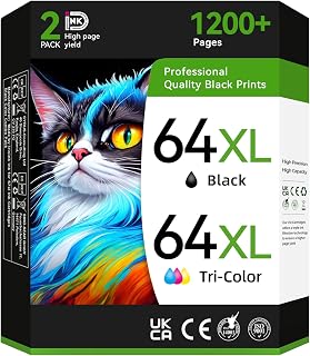 64XL 64 Ink Cartridges Compatible for HP 64XL Ink Cartridge Combo Pack Fit for HP Ink 64 Fit for Envy Photo 6200 7100 7800 7855 7155 7120 Envy Inspire 7955e 7255e 7958e Printer(1 Black 1 Color)