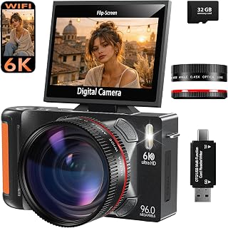 6K 96MP Flip Screen Digital Camera for Photography, WiFi, Dual Lens