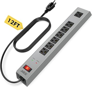 7 Outlet Metal Long Power Strip with Overload Protection 12ft Cord, Grey | Mounted Industrial Power Strip with 1500J Surge Protection, Wall for Office Workshop Garage, ETL Listed(15A/1875W)