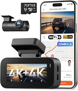 70mai A900 Dual 4K Dash Cam Front and Rear, True 4K Rear License Plate Clarity, WiFi 6 GPS Dash Camera for Cars with App, Parking Mode, Night Vision, 64GB Card (UP12 Kit Sold Separately)