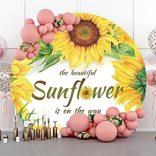 7.2ft Sunflower Baby Shower Round Backdrop Covers The Beautiful Sunflower is on The Way Circle Photo Background for Gender Reveal Birthday Party Decorations Banner Photo Booth Props