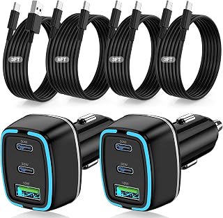 75W USB C Car Charger, 3-Port Super Fast Charging PD 3.0 & QC 3.0 Cigarette Lighter Adapter for iPhone 17/16/15 Pro Max, Samsung Galaxy S26/S25/S24 Ultra, with 4Pack 3FT+6.6FT Type C Cable